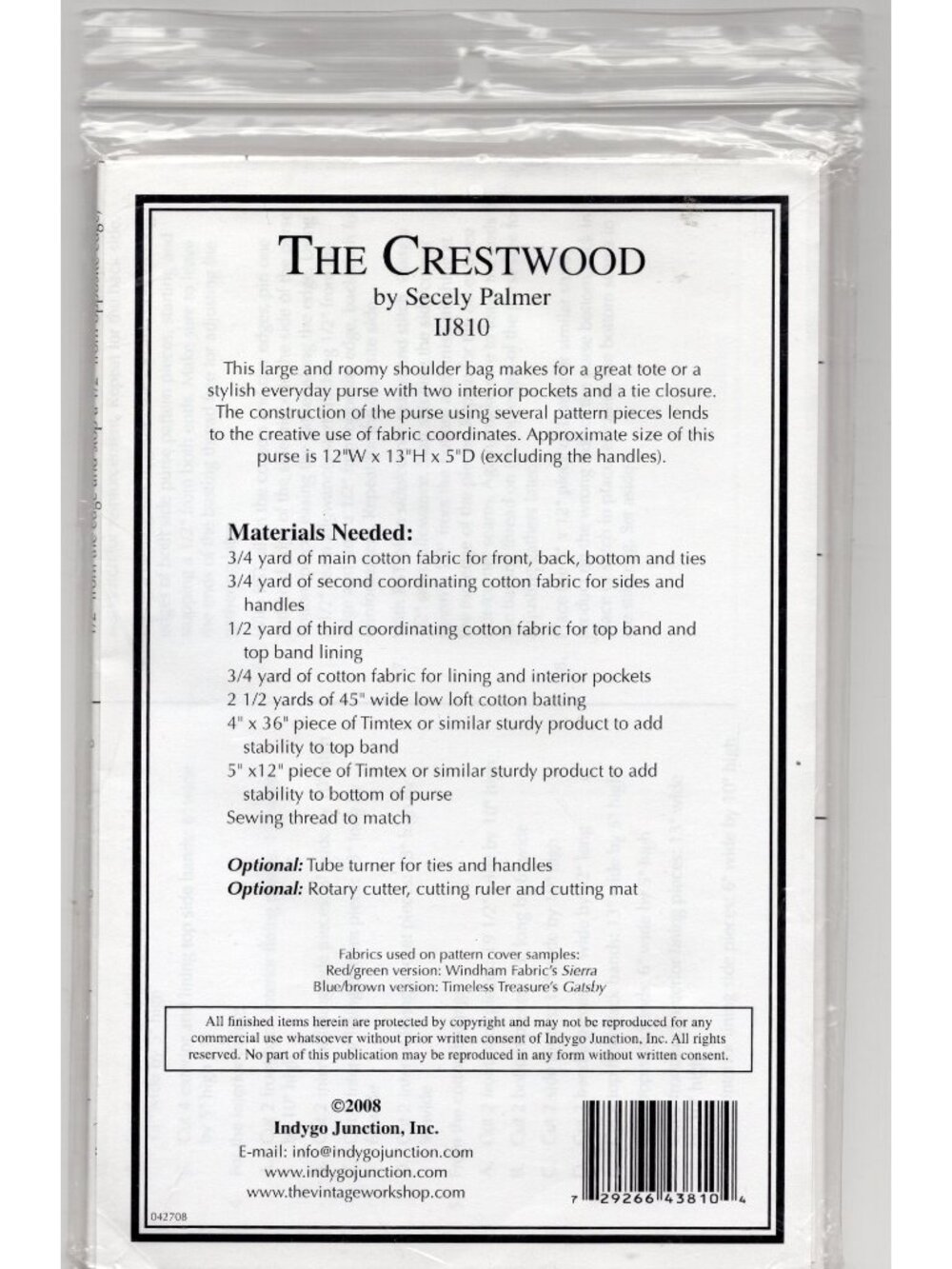 Tote Shoulder Bag Pattern The Crestwood Indygo Junction IJ810 Secely Palmer - Picture 3 of 6